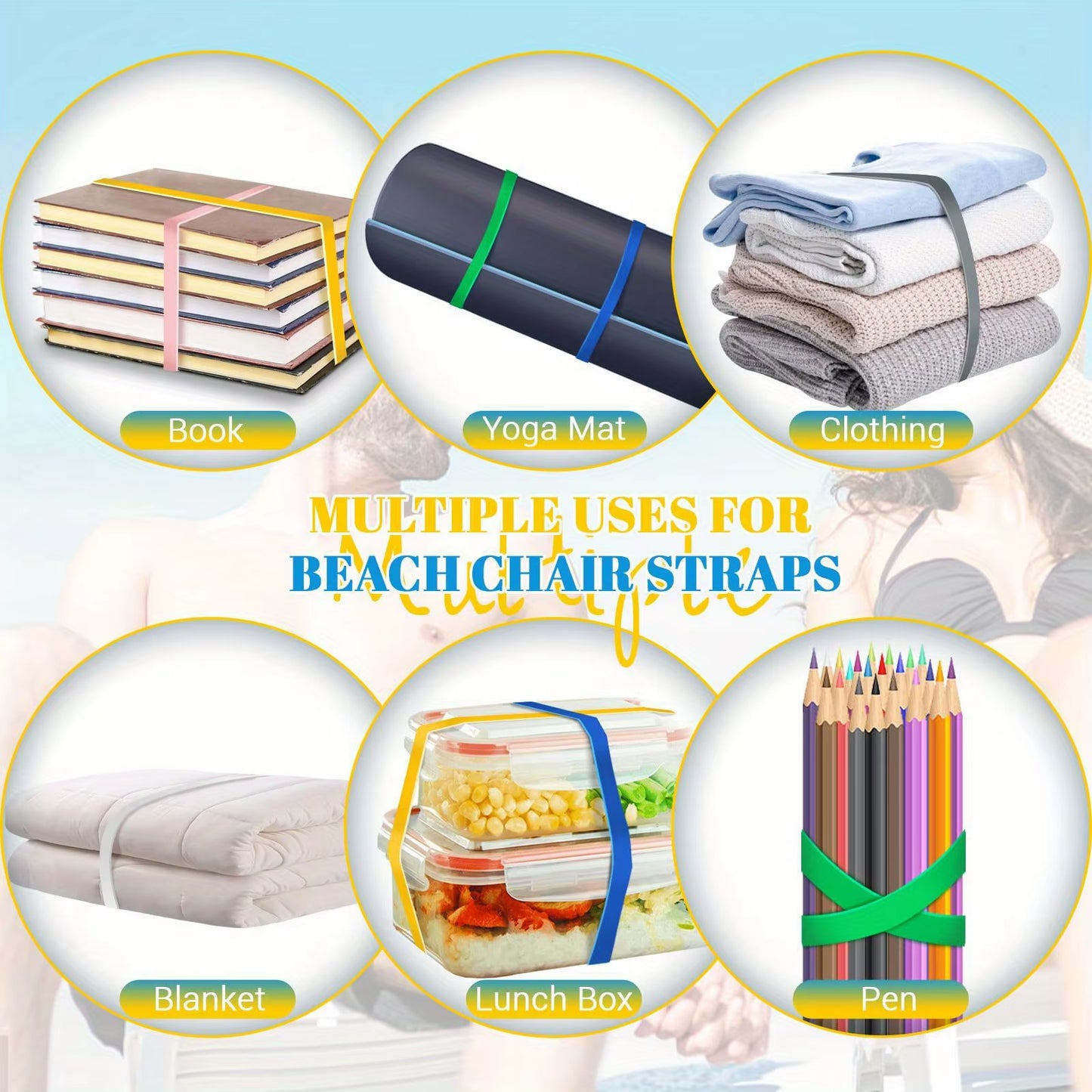 Temu 6Pcs Thicker Silicone Towel Bands for Beach Chair, Windproof Beach Towel Clip Bands, Stretchable and Colorful Beach Chair