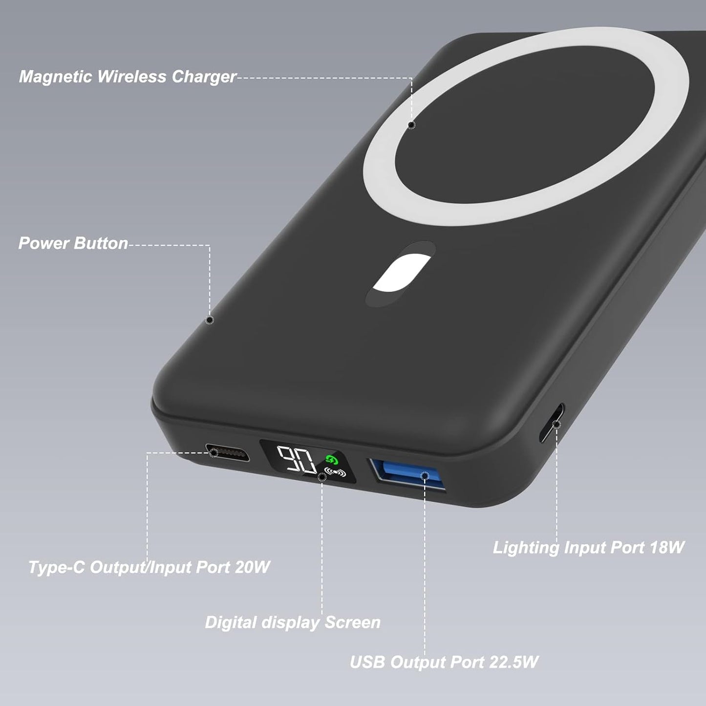 Magnetic Power Bank, 10000Mah Foldable Wireless Portable Charger with USB-C Cable LED Display, for Mag-Safe Battery Pack 22.5W PD Fast Charging for Iphone 16/15/14/13/12 Pro/Pro Max/Plus/Mini